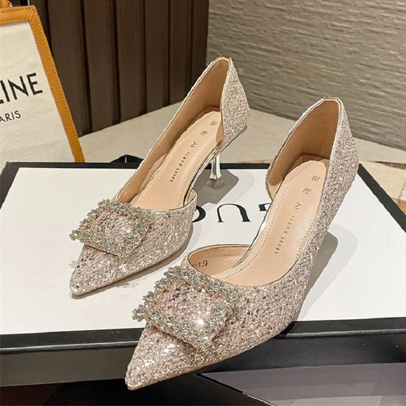 Meotina Woman Fashion Shoes Ponted Toe Thin High Heels Crystal Pumps Elegant Style Party Ladies Footwear Autumn Champagne Silver