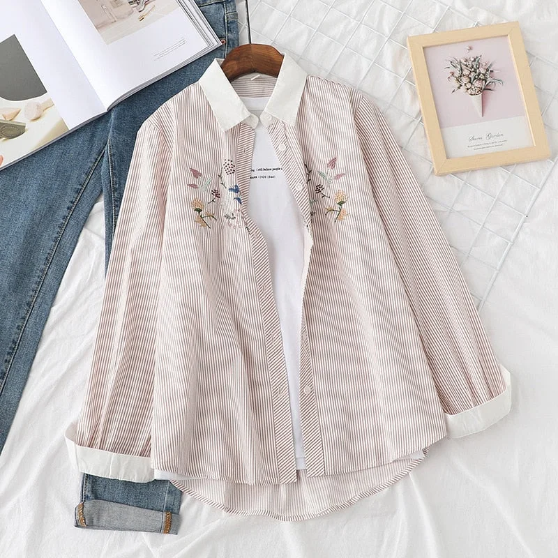 Embroidery Print Womens Shirts Striped Blouses Autumn Long Sleeve Cute Female Clothes Outwear