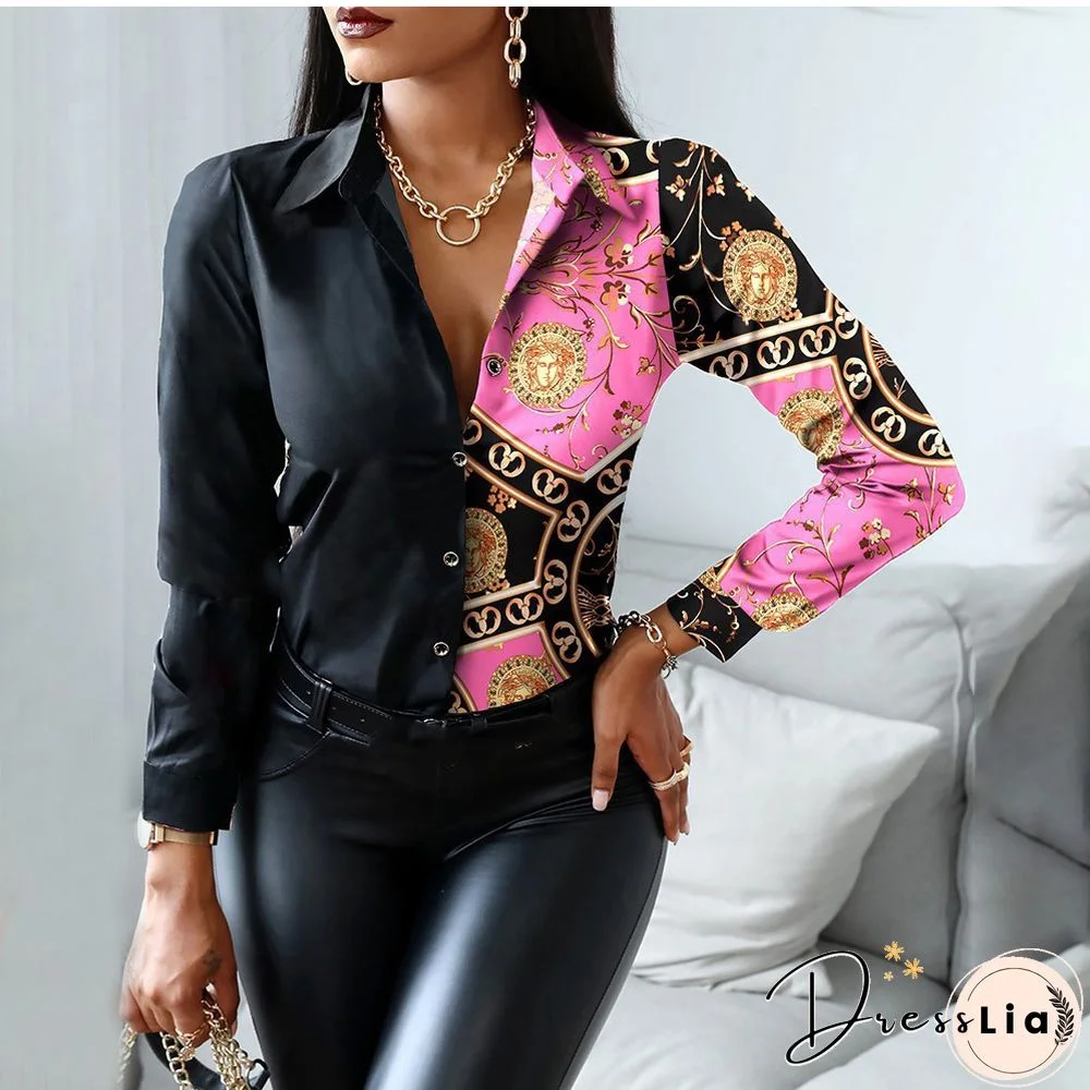 Autumn Women Black Floral Print Top Shirt Fashion Casual Long Sleeve Turn-down Collar Tops Shirts New Elegant Slim Button Shirts