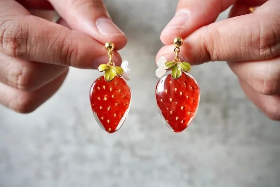 Real Strawberry Slice Earrings Dried
