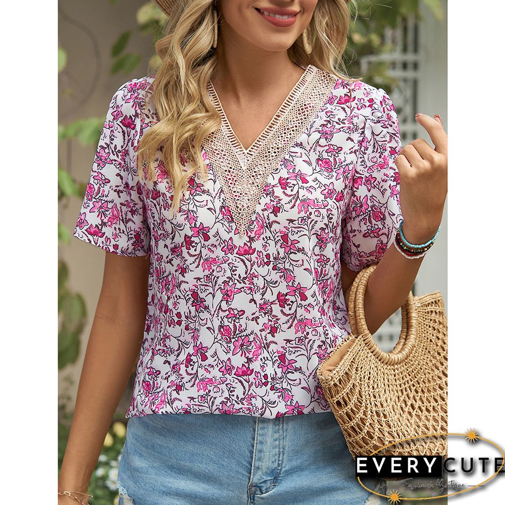 Purplish Red V Neck Floral Chiffon Short Sleeve Tees