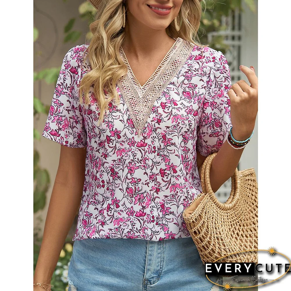 Purplish Red V Neck Floral Chiffon Short Sleeve Tees