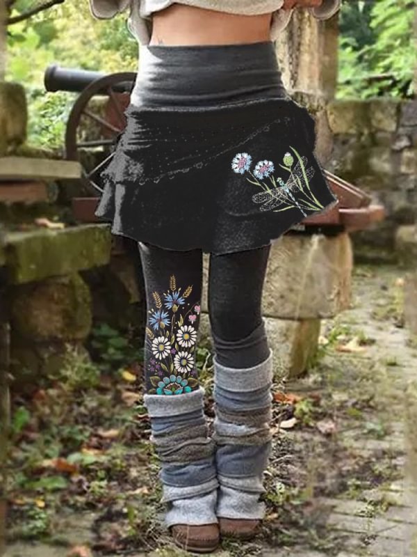 Casual printed double stitched irregular semi skirt Leggings