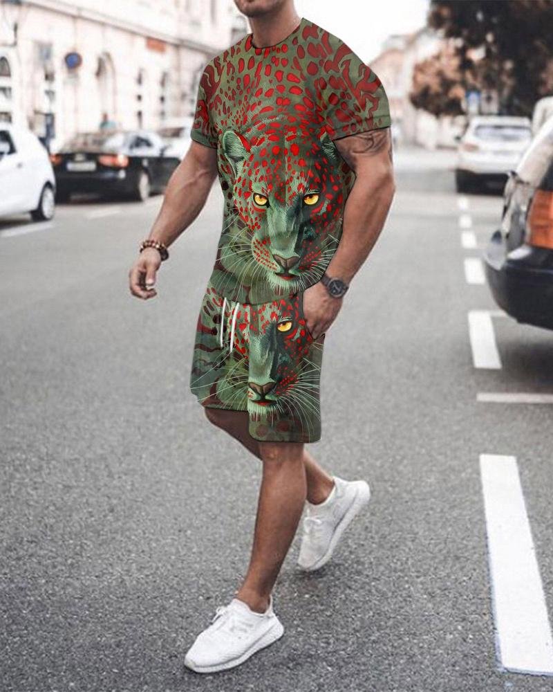 Men's Sport Tiger Printed Casual Shorts Suit