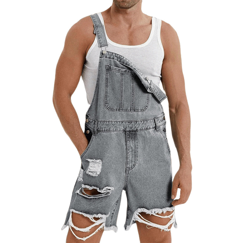 Men's Vintage Washed Ripped Denim Shorts Overalls