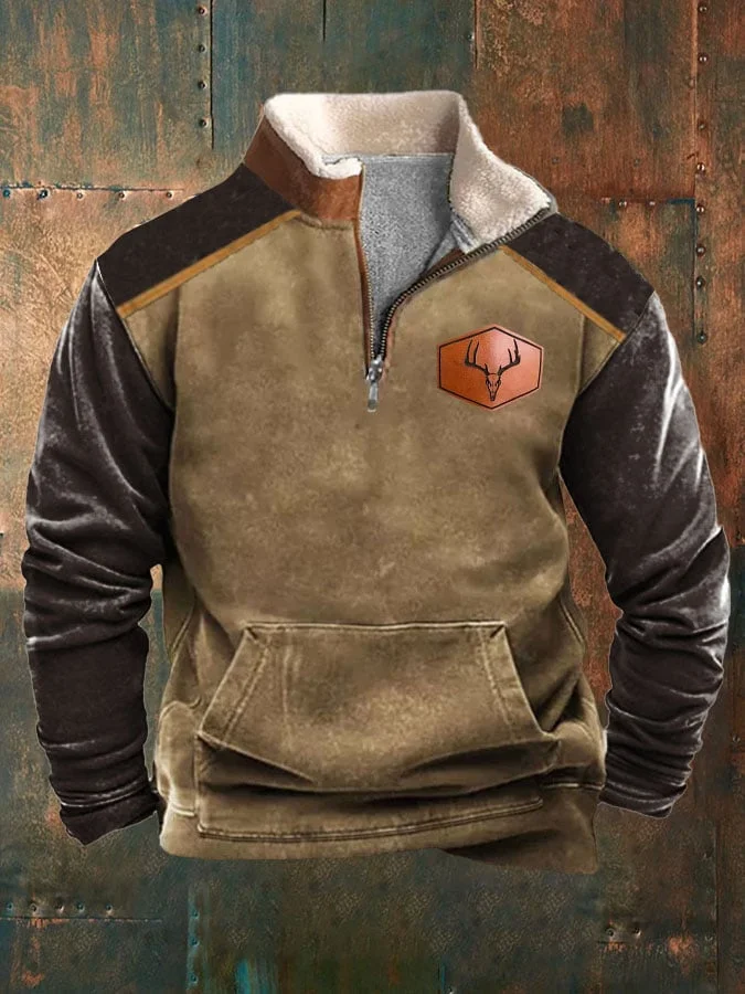 Men's Retro Western Print Zipper Collar Long Sleeve Sweatshirt