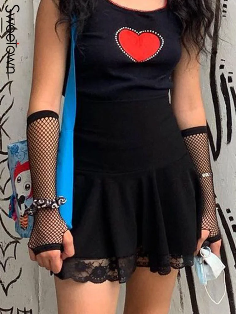 Sweetown Black Goth Y2K Pleated Skirt Woman Punk Style Dark Academia Aesthetic Fairycore Mini Skirts Lace Edge High Waist Saias