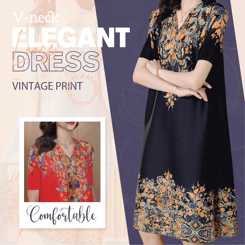 Vintage Print V-neck Elegant Loose Dress