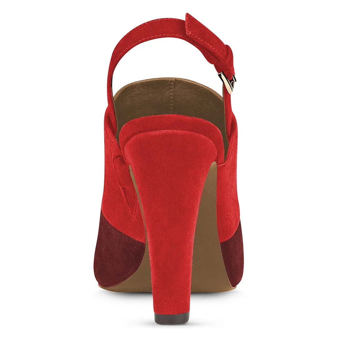 Red Vegan Suede Peep Toe Buckle Strap Slingback Chunky Heels