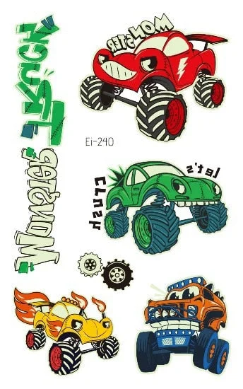 Luminous Cool Racing Tattoo Stickers Waterproof Party Cartoon Car Children's Temporary Tattos Hand Body Foot Men Fake Tatoo