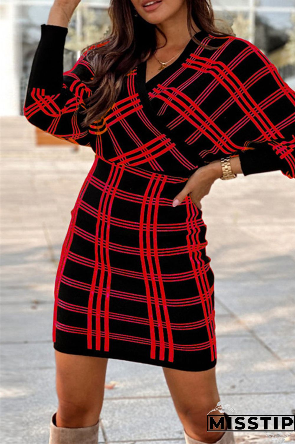 Light Blue Fashion Casual Plaid Print Patchwork V Neck Long Sleeve Dresses