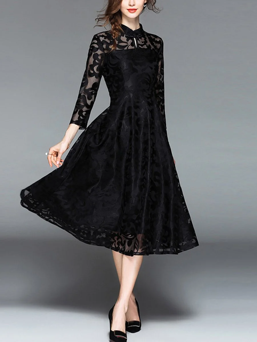 Long-sleeved Embroidered Evening Satin Gown