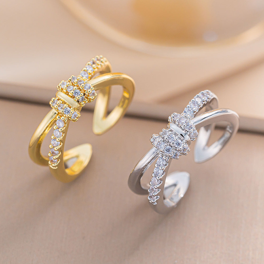 Simple Double-Layer Cross Ring Female Plain Ring Zircon Index Finger Ring Ins Fashion Style All-Match Open Ring