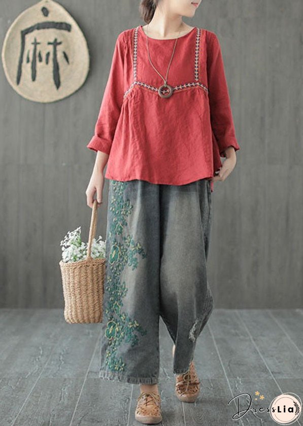 Vintage Blue Embroideried Cotton Ripped&nbsp;Jeans Pants Fall