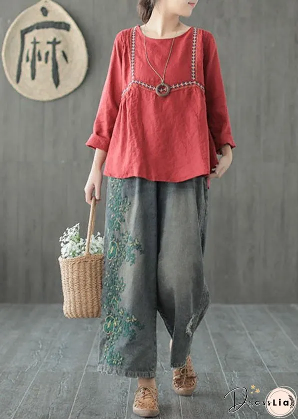Vintage Blue Embroideried Cotton Ripped&nbsp;Jeans Pants Fall
