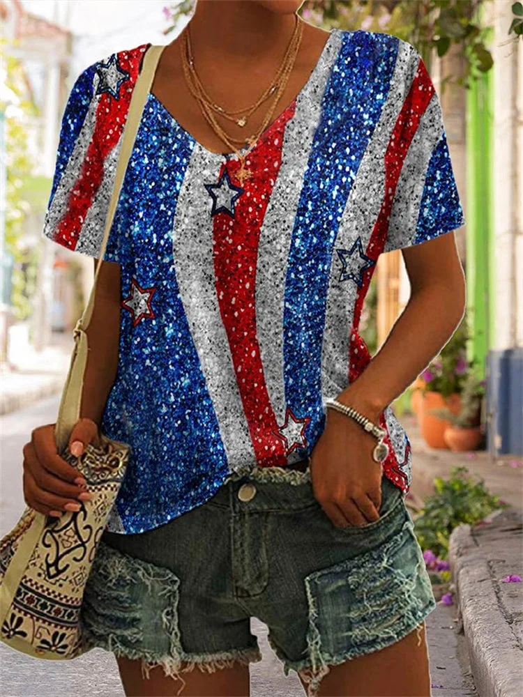 VChics Patriotic Glitter Art V Neck Short Sleeve Flag T-shirt