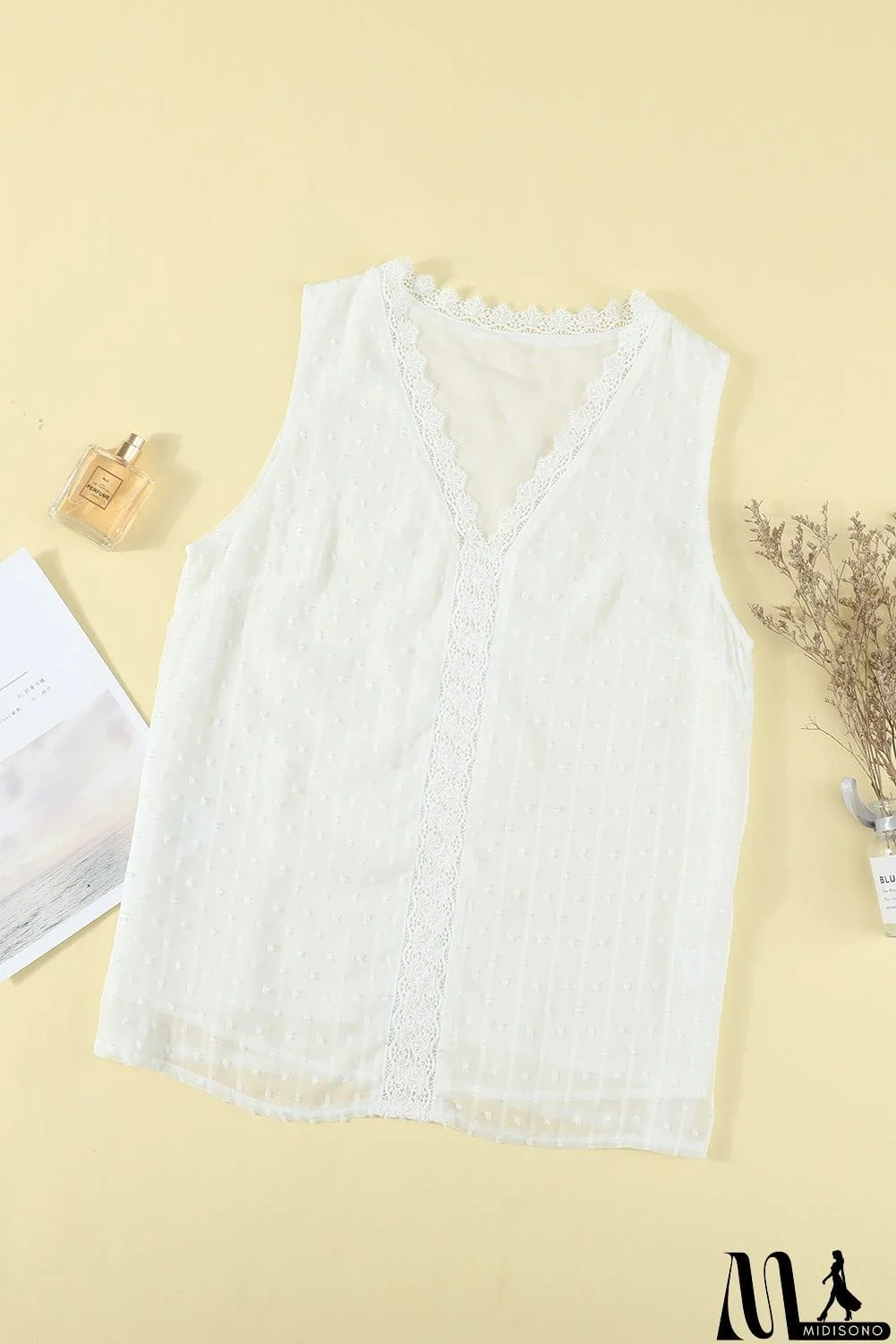 MidiSono - Crochet V Neck Textured Tank Top