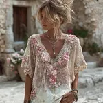 Women's Pink Floral Embroidered Art V-neck Short Sleeve Linen Blend T-shirt - Image 2