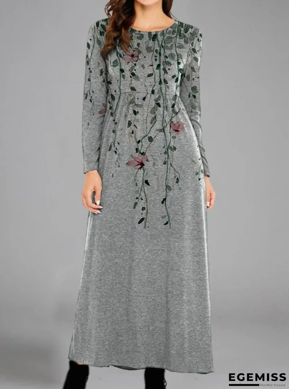 Casual Floral Print Crew Neck Long Sleeves Maxi Dress | EGEMISS