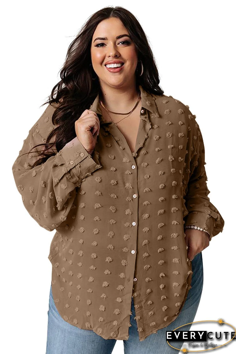 Brown Swiss Dot Textured Plus Size Shirt