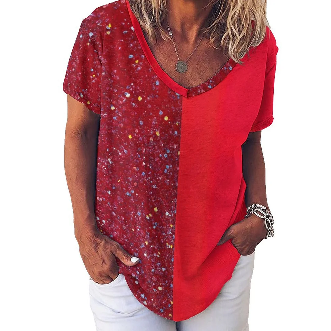 V-neck Short Sleeve Casual T-shirt for  Women Printed with Pattern Red, Glitter, Patchwork