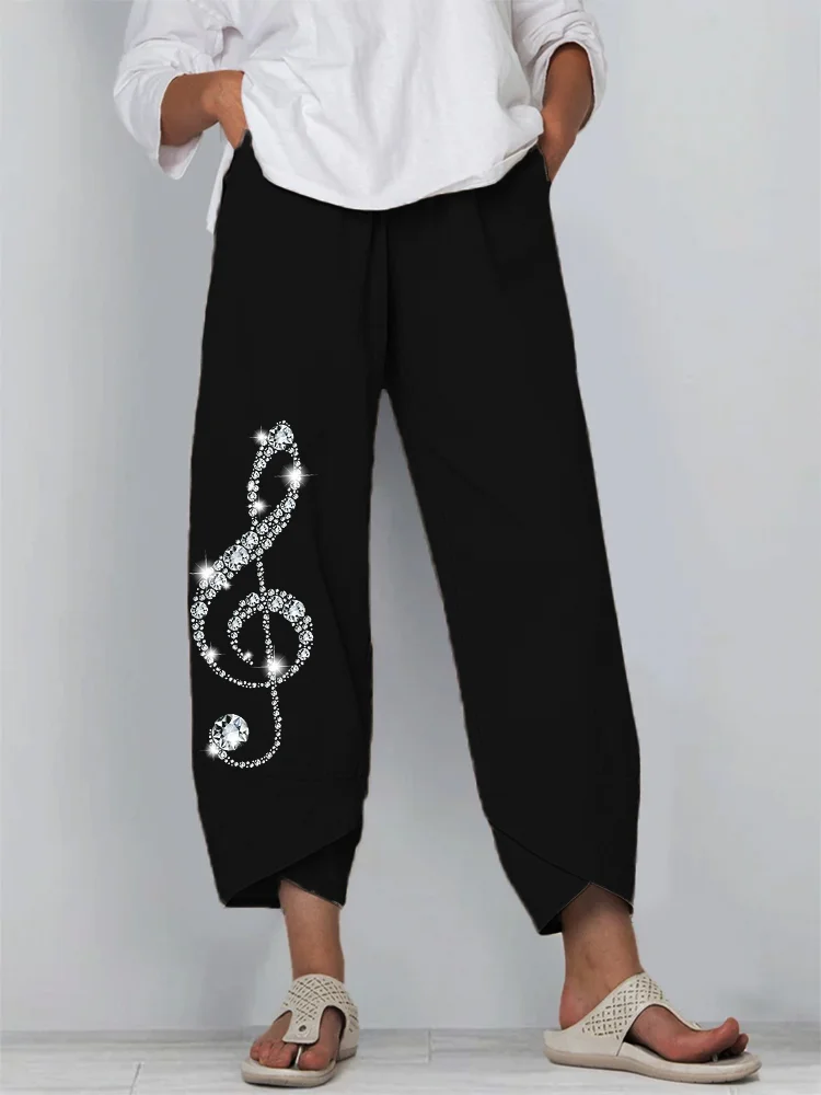 Glitter Treble Clef Comfy Cropped Casual Pants