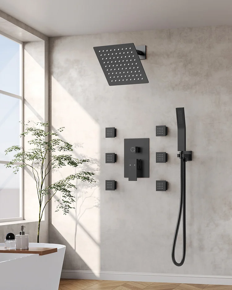 SFS-1037-BK10 10" Wall Mount Dual Shower Head and Handheld Shower with 6-Jets in Matte Black (Valve Included)