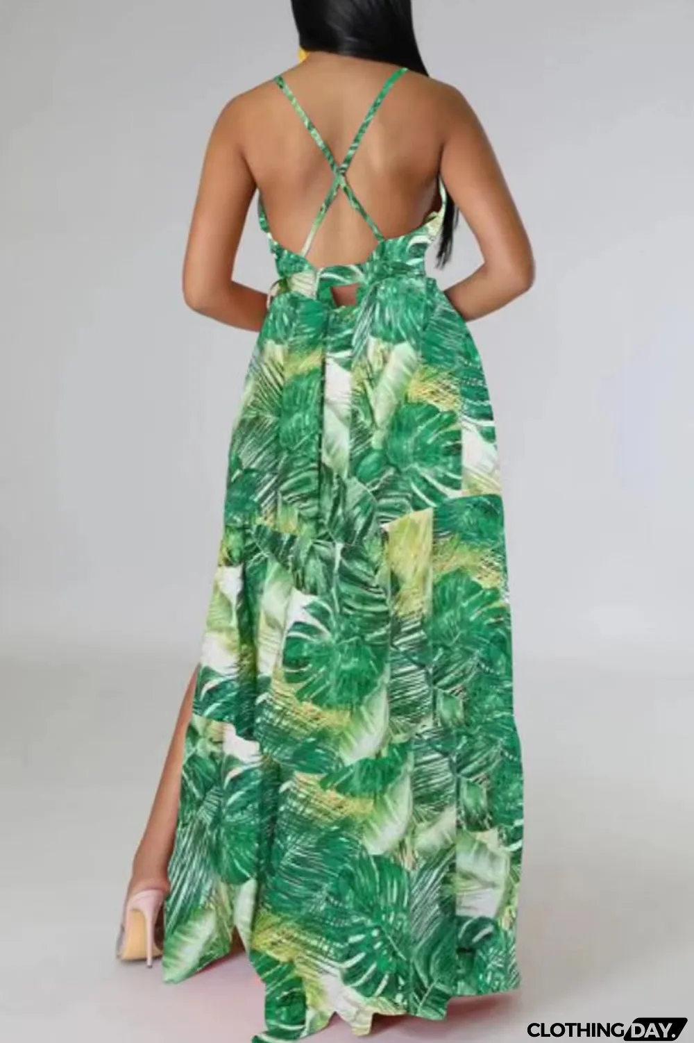 Multi-color Sexy Casual Print Backless Slit Spaghetti Strap Long Dress Dresses
