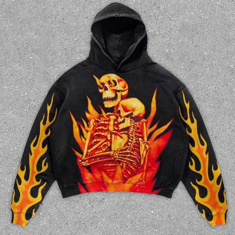 statement street style flame and skull print hoodie