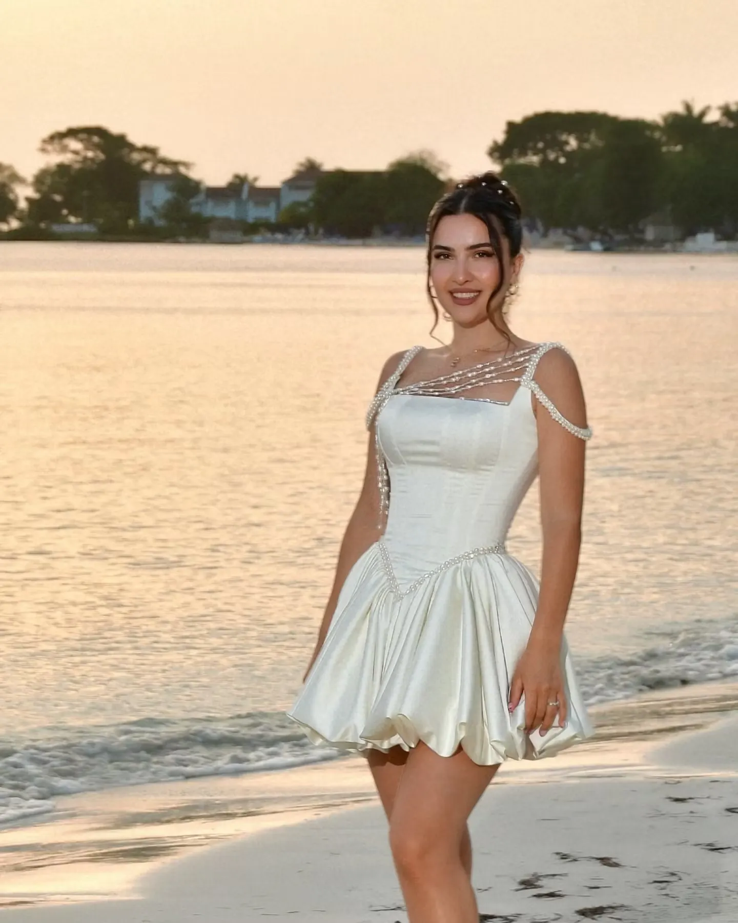 Lussooy Shinning White Satin Spaghetti Strap Beading Sleeveless Prom Dress with Panel Train 