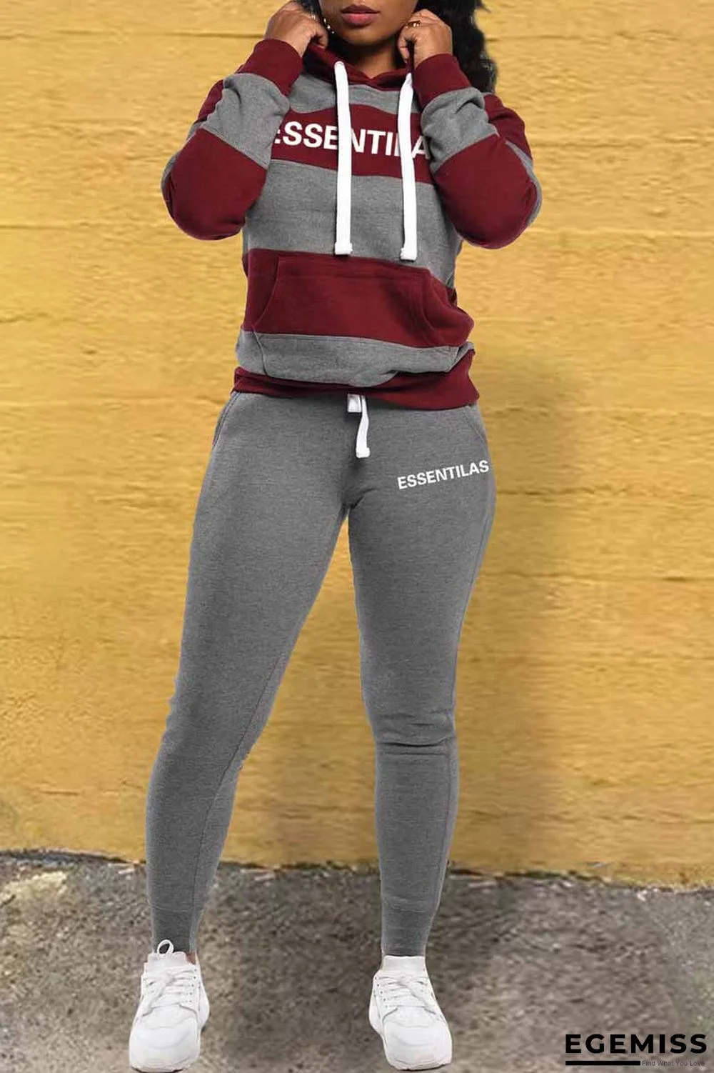 Burgundy Casual Striped Letter Hooded Collar Long Sleeve Two Pieces | EGEMISS
