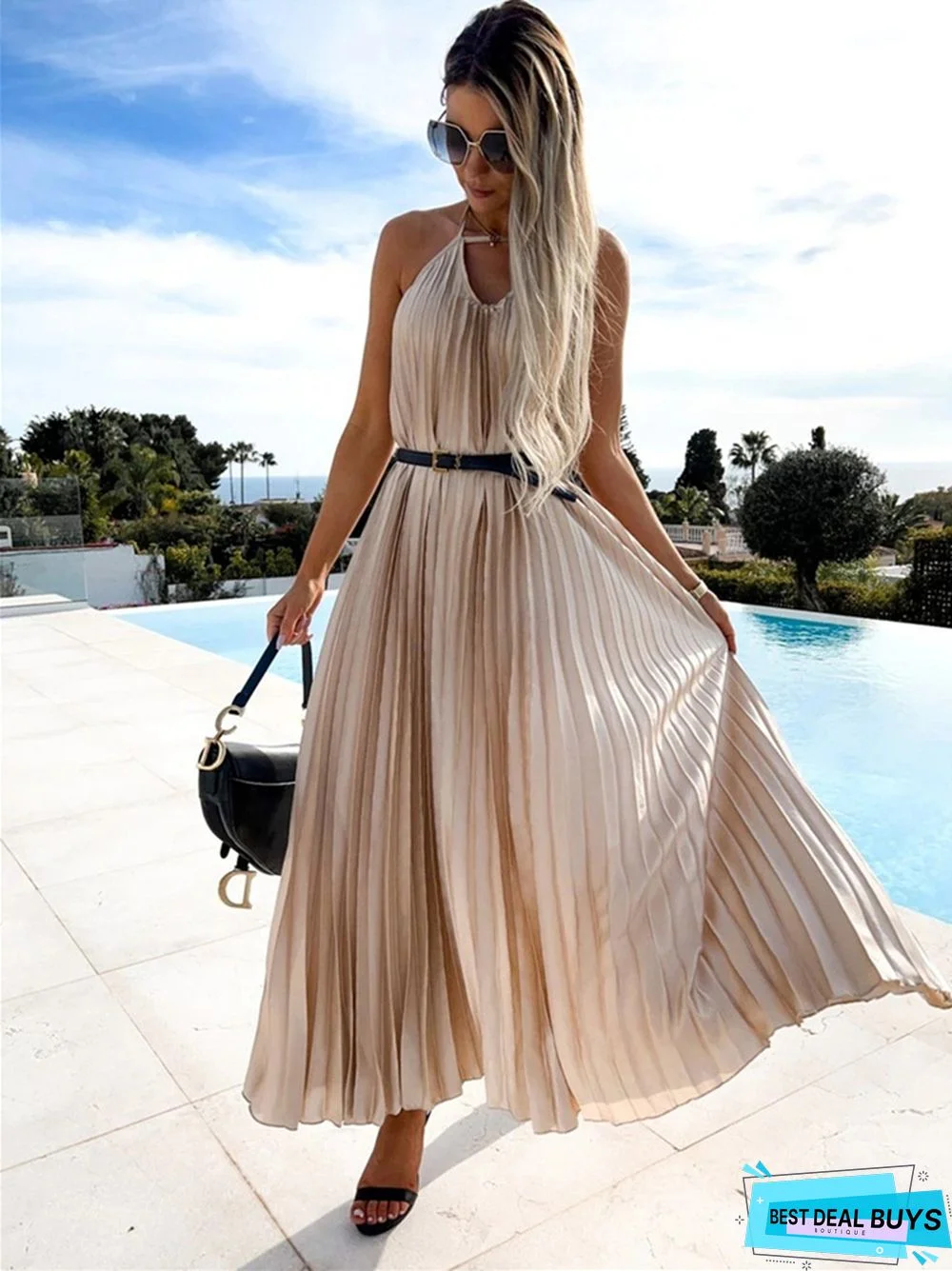 Pleated Suspender Sweet Waist Length Dress