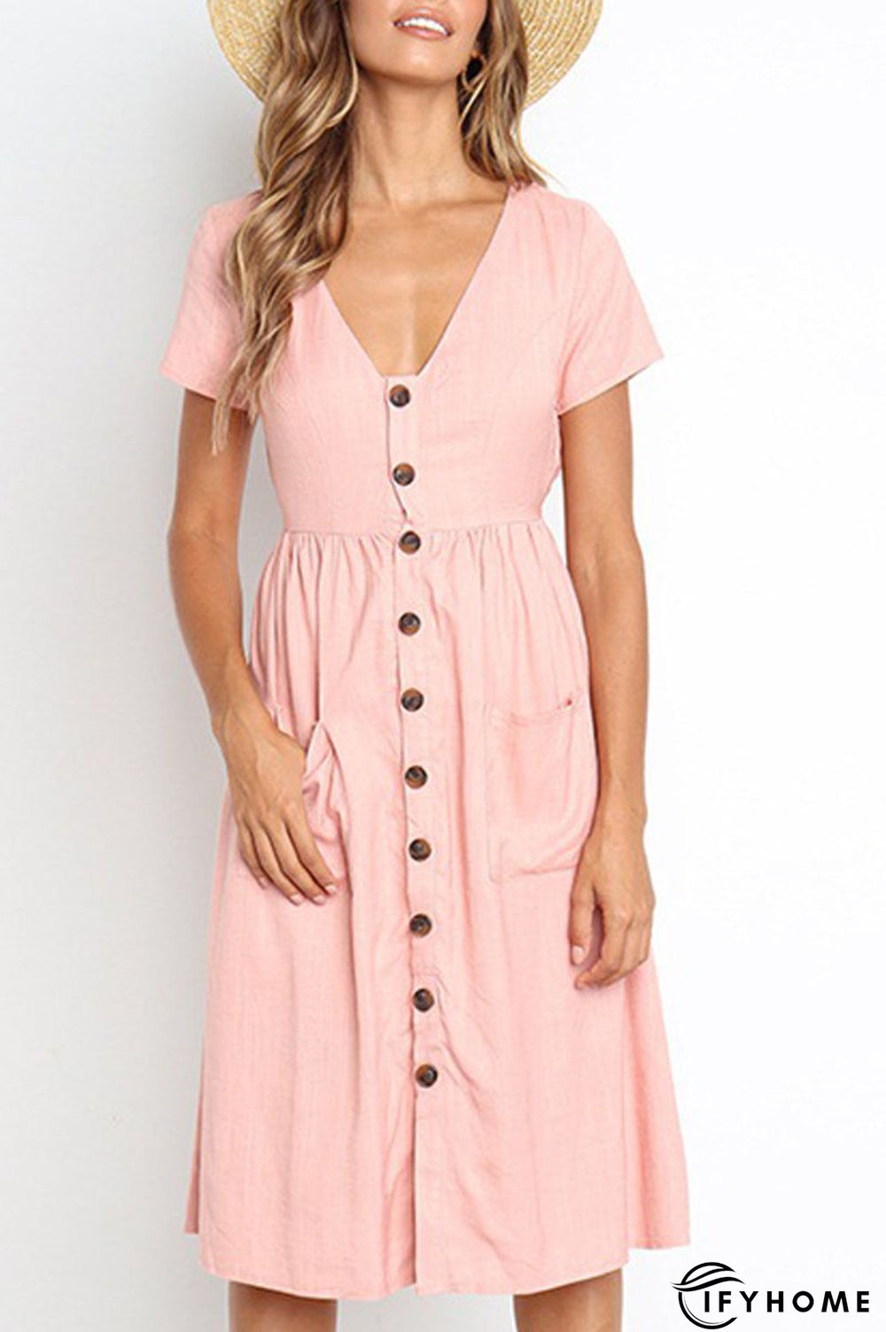V-Neck Button Pocket Short Sleeve Midi Dress | IFYHOME