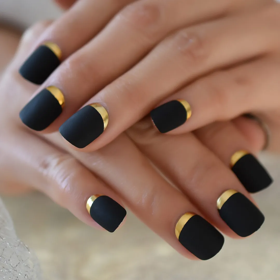 Short Nail Tips Square  Fingernail Golden Edge Pre Designs False Nail Art Black&gold Supplies For Professionals Wholesale Charms-Nail Inspo