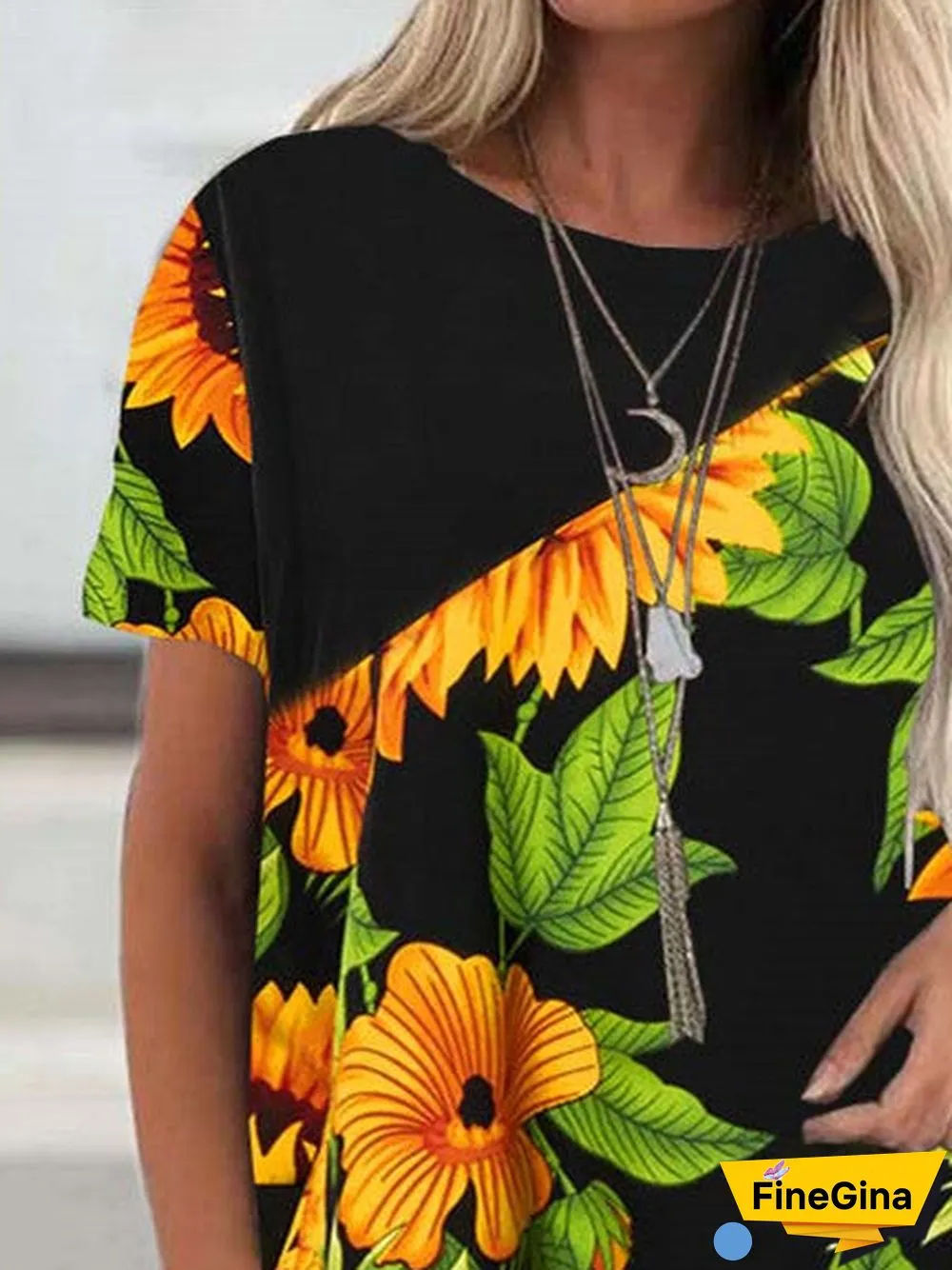 Women Short Sleeve Scoop Neck Floral Printed Stitching Top