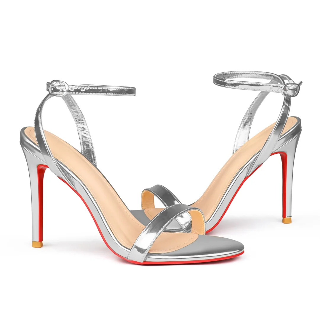 100mm Women's Sandals Round Open Toe Red Bottom Ankle Straps Pumps-MERUMOTE