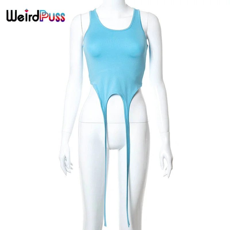 Weird Puss 2021 Summer Women Sleeveless Tank Top Skinny Basic Solid Long Ribbon Tops Fashion Sling Streetwear Female Casual Vest