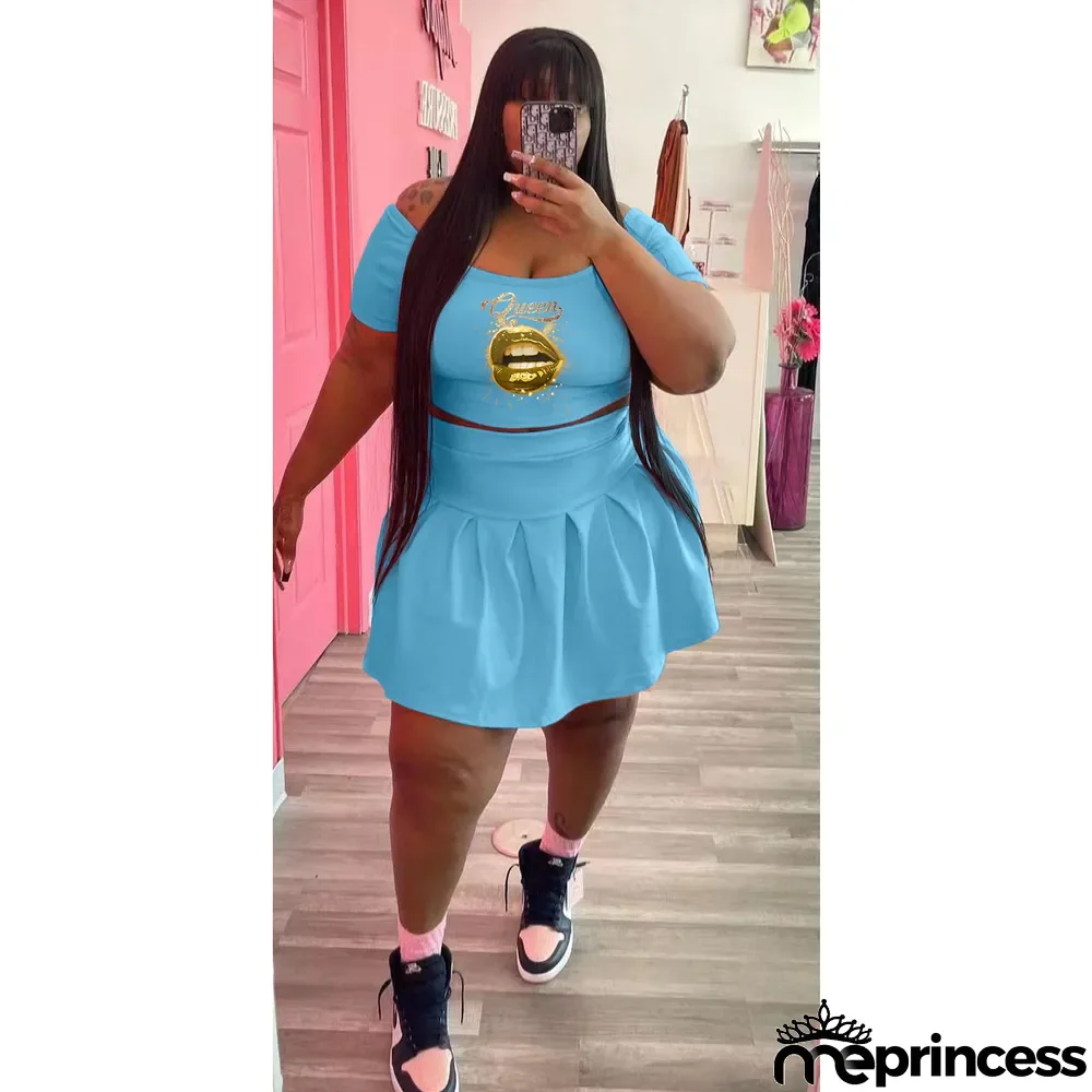 Fashion Plus Size Athleisure Pleated Skirt Two Piece Set