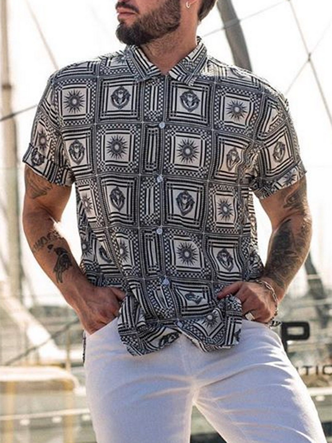 Black Cotton-Blend Graphic Beach Shirt Collar Shirts & Tops
