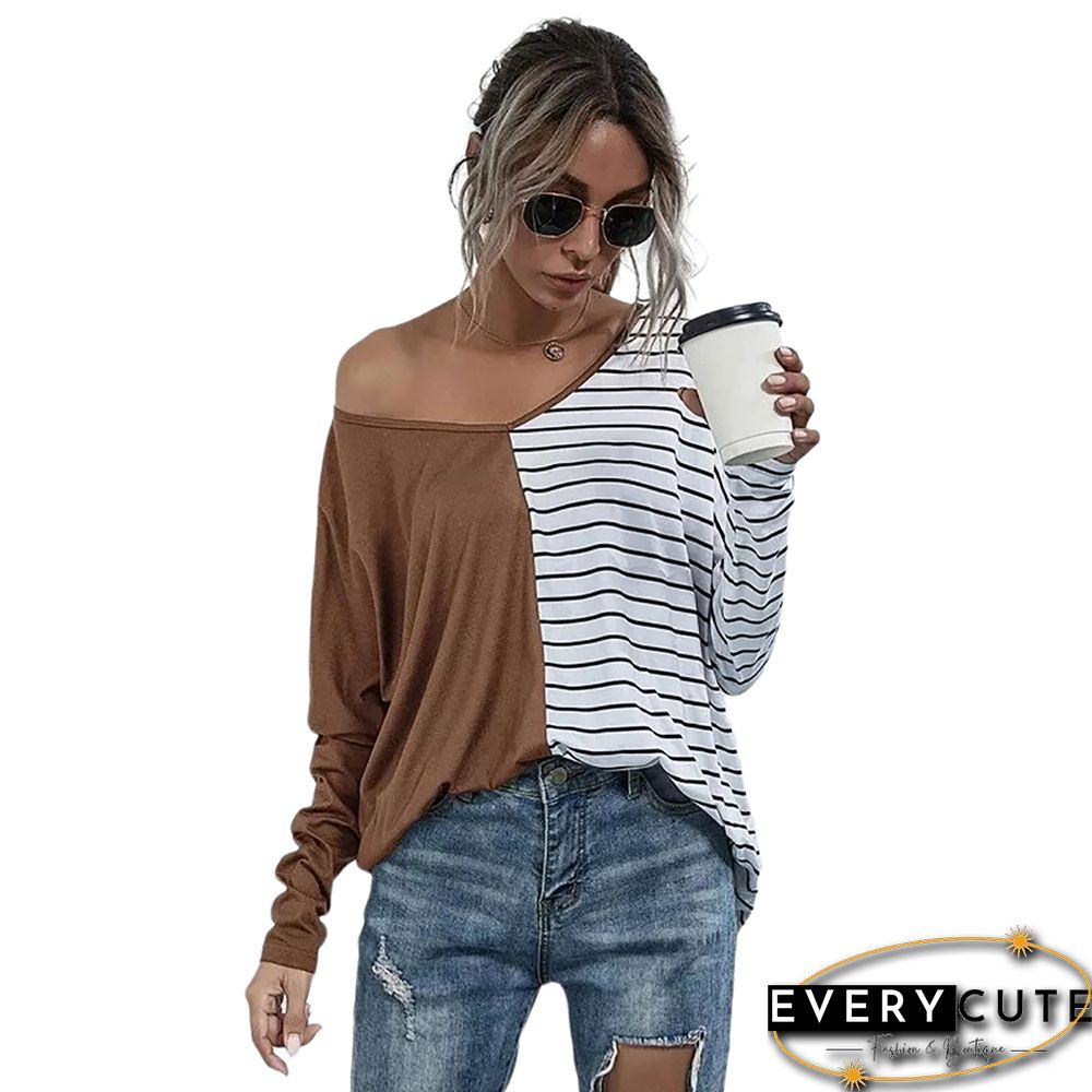 Khaki Stripe Contrast Long Sleeve Tops