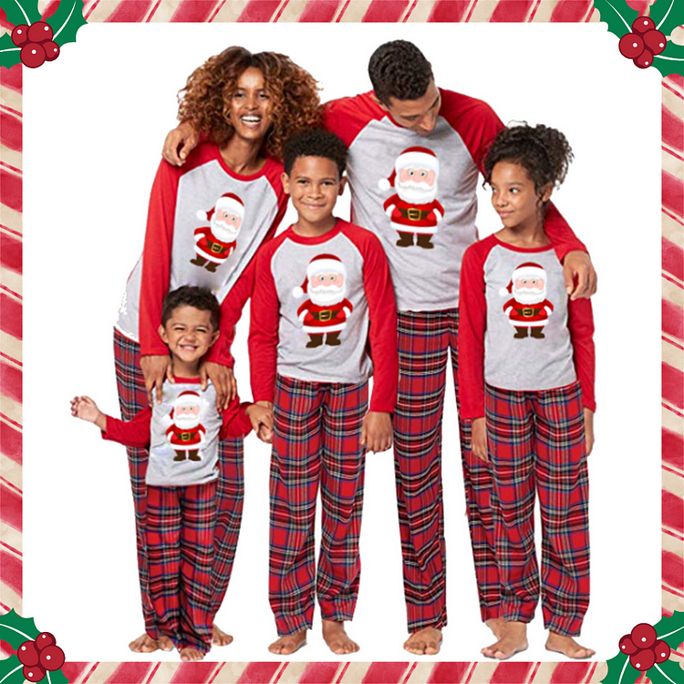 Christmas Red Santa Claus Top and Red Plaid Pant Family Matching Pajamas Set
