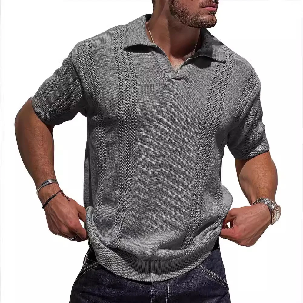 Wongn Wongn New Fashion Men's Knit POLO Shirt Short Sleeve V-Neck Loose Solid Color Hollow Out Men's Jacket Men