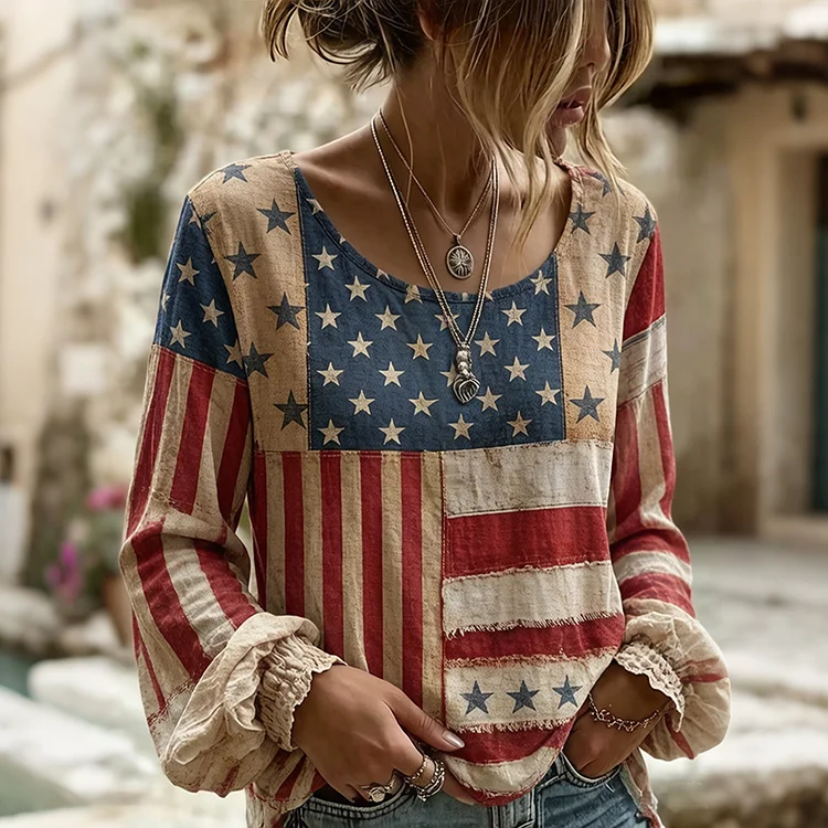 Women's Vintage Independence Day Flags Art Print Linen Blend T-shirt
