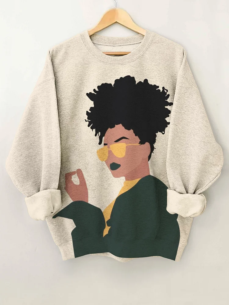 Women's Black Lady Wearing Sunglasses Art Print Casual Sweatshirt