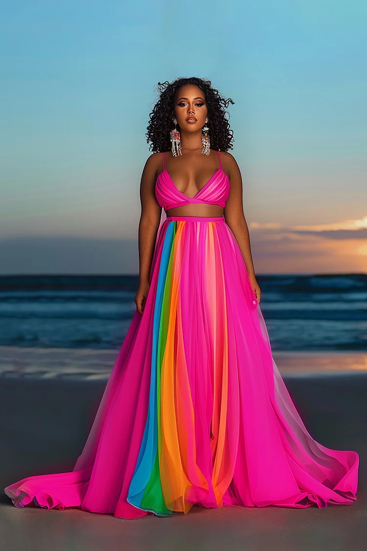 V Neck Cami Crop Top High Waist Maxi Skirt Matching Set-Fuchsia [Pre Order]