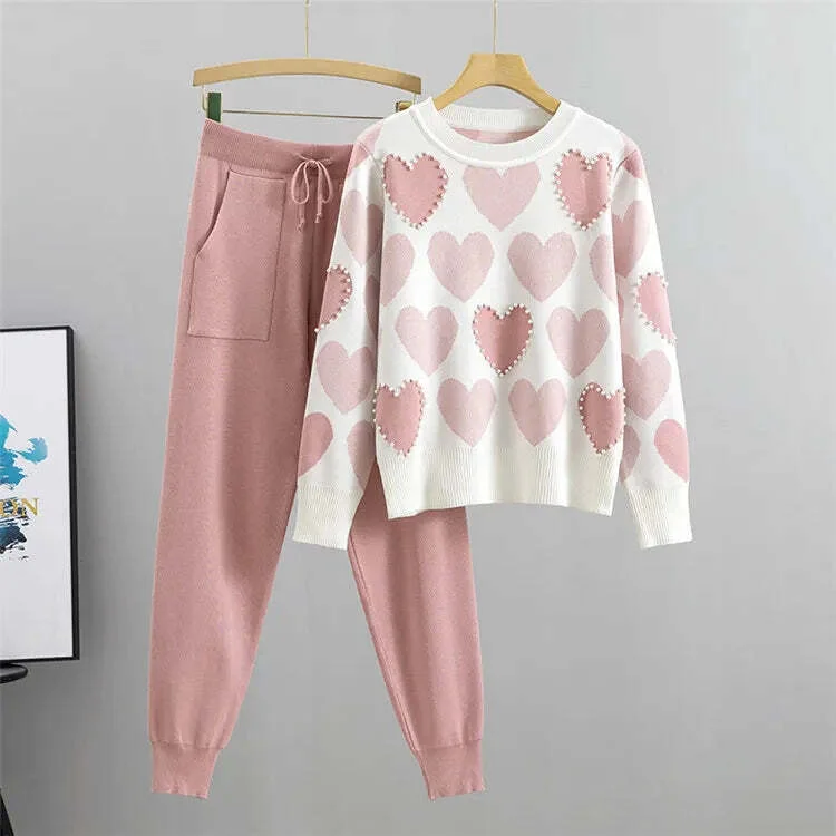 Pink Round Neck Print Two Piece Set