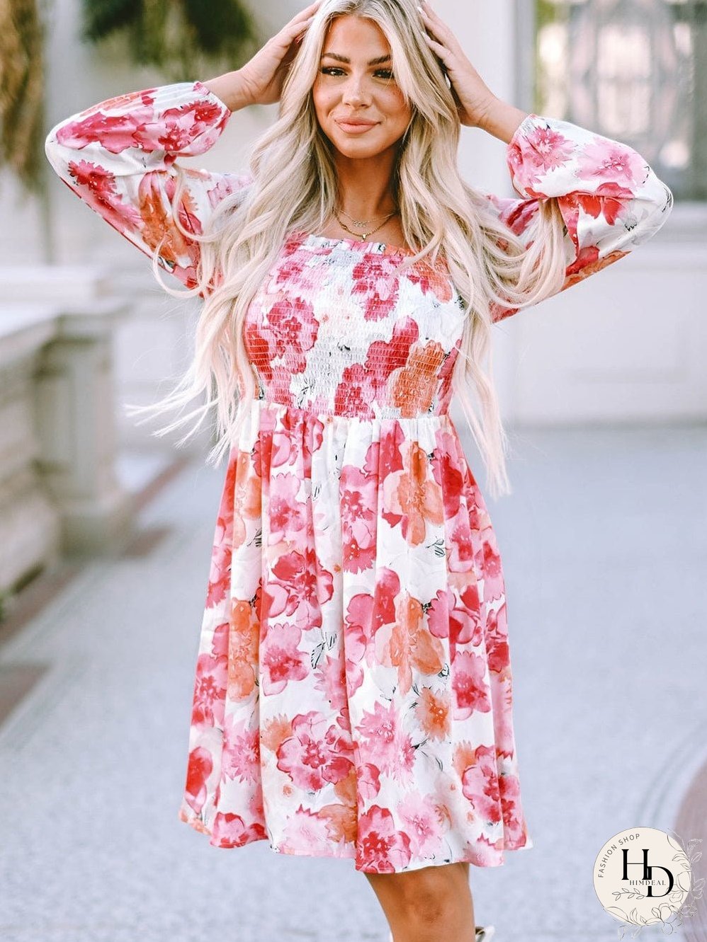 Elegant White Floral Smocked Puff Sleeve A-Line Dress