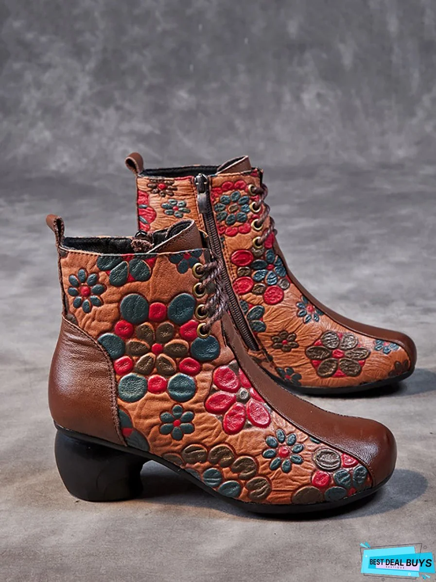 Women Retro Leather Flower Print Chunky Heel Boots