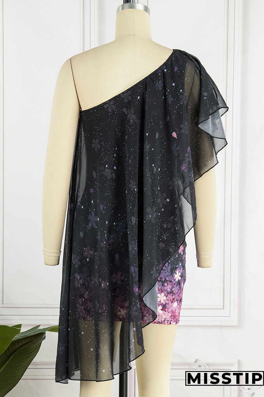 Black Pink Sweet Elegant Print Patchwork Asymmetrical Oblique Collar Dresses