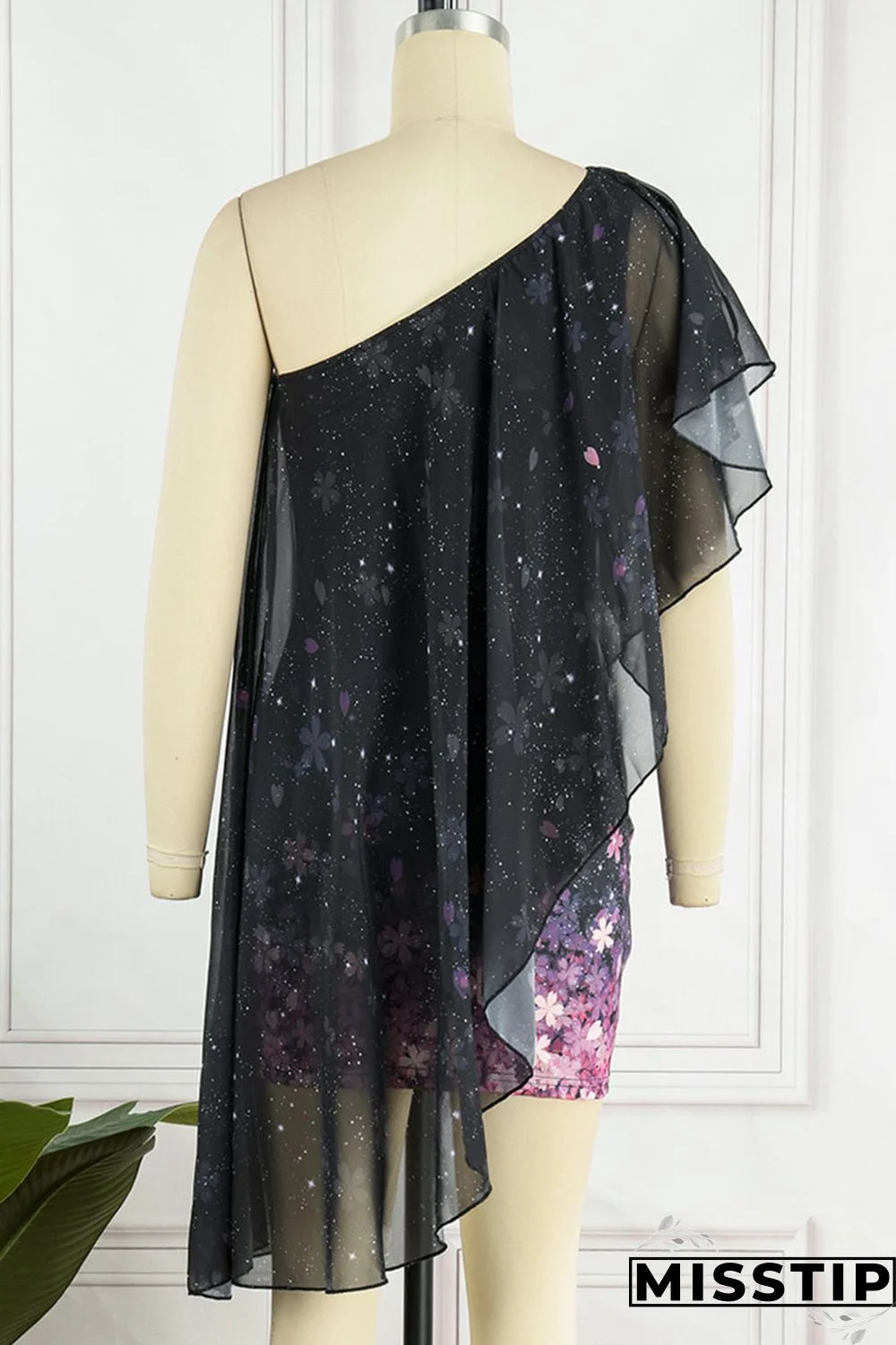 Black Pink Sweet Elegant Print Patchwork Asymmetrical Oblique Collar Dresses